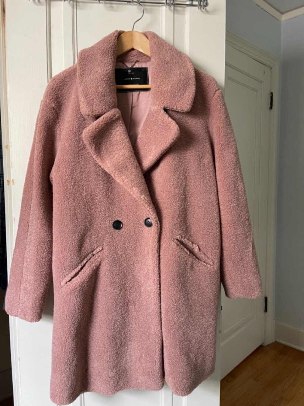 Lucky Brand Knee Length Teddy Coat in Dusty Rose, Size Medium